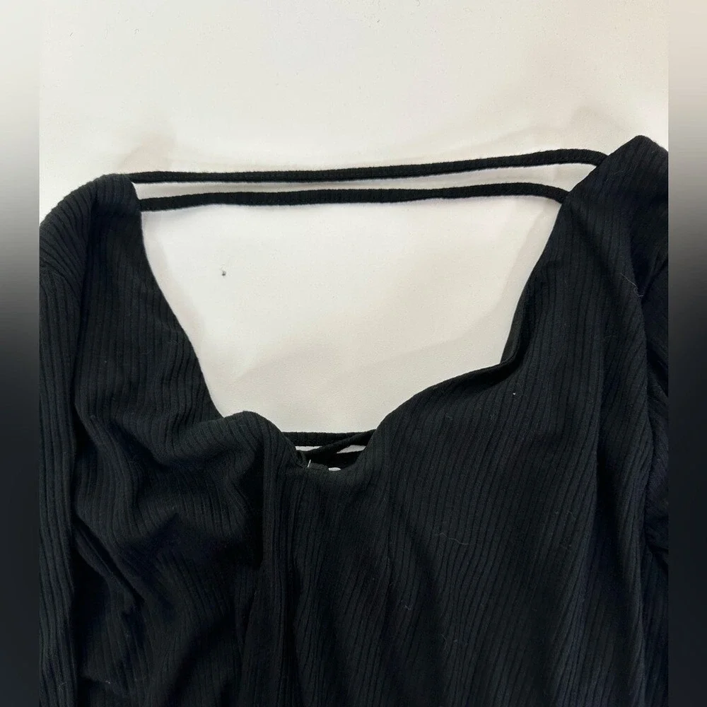 BP Tunic Top‎ Women's Small Ribbed Long Sleeve Strappy Cage V-Neck Black